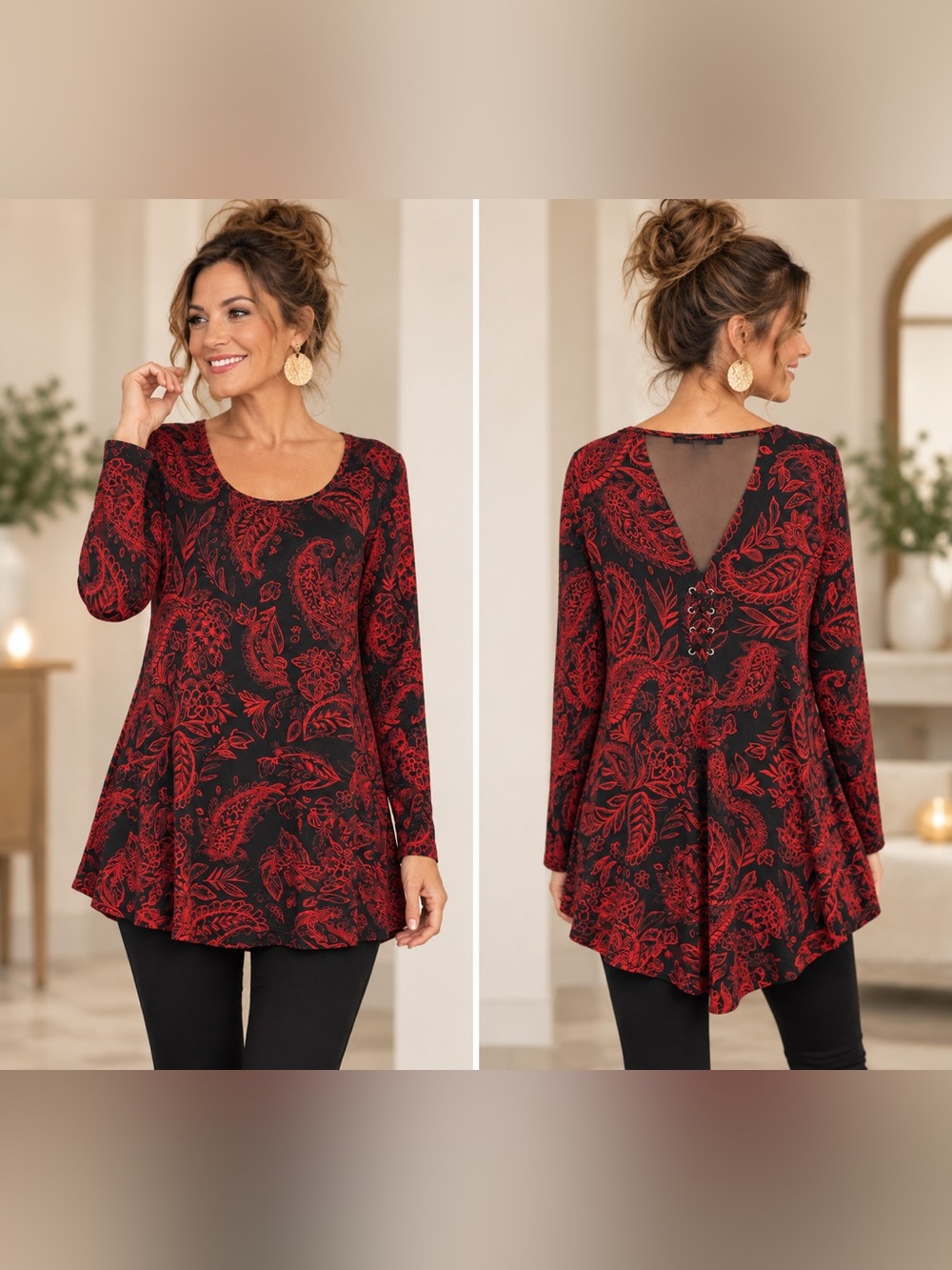 Cable & Gauge Large Black Red Paisley Tunic Top Lace Up Mesh Back Boho